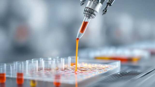 Innovative robotic arm precisely pouring orange liquid substance into a microplate during a laboratory experiment, showcasing advancements in automation and research