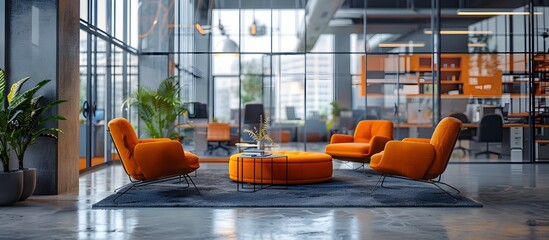Stylish and Dynamic Modern Office Interior with Vibrant Orange Accents and Panoramic Windows
