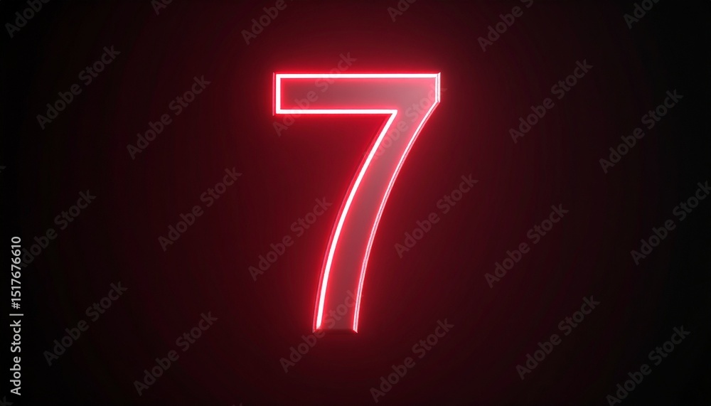 Poster 3d rendering of a metallic number 7 with curved red neon lines on a background.