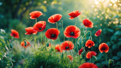 Obraz premium Red poppy flowers blooming in a scenic garden setting