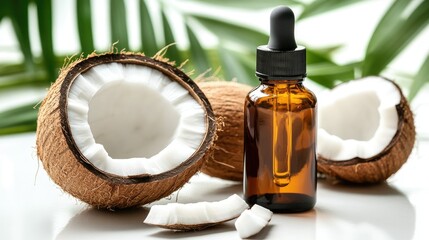 Isolated coconut oil dropper bottle on clean white background with subtle reflections, beauty flat lay
