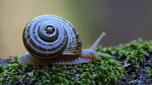 Terrestrial gastropod with spiral shell moving slowly across verdant moss covered surface, revealing intricate texture and natural movement in forest environment