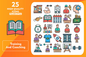 Obraz premium Training and coaching Line Filled Icon Set. Incleded Icons House, Strength, Strategy, Coach, Thinking, Whistle, Open Book, Schedule, Key Person, Money, Time. Vector Icons Collection