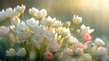 Fototapeta premium Spring's arrival captured in soft pastel flower buds within a tranquil natural landscape bathed in warm sunlight.