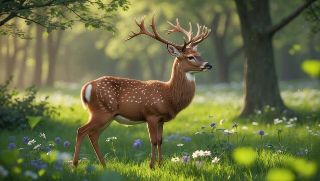 Impressive adult Fallow Deer, Dama dama, in an autumn European woodland setting, highlighting nature and wildlife.