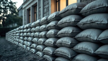 Using sandbags to safeguard houses from floodwaters or projectiles amid shelling.
