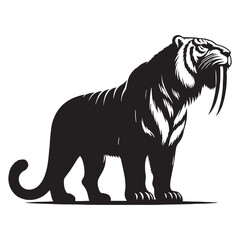 Ice Age Saber-Toothed Tiger silhouette in pursuit – Saber-Toothed Tiger illustration – Minimalist Saber-Toothed Tiger vector – Stone Age silhouette

