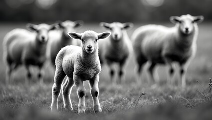 Close-up of a curious East Friesian lamb with adult sheep in the background, moody atmosphere, low-angle shot, matte finish, dark green pasture, 16:9