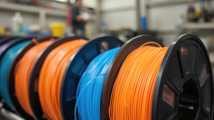 Colorful spools of 3d printer filament ready to use