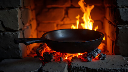 Cast iron skillet heating over a blazing fire in a rustic fireplace, evoking warmth and traditional cooking.