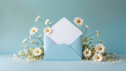 Birthday greeting card mockup with floral decor on blue pastel background, blank layout with envelope, perfect for Mother's Day or celebration