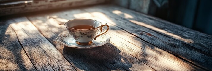 Tea cup and saucer on wooden surface with sunlight and shadows.