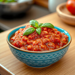 Delicious homemade tomato basil sauce in bowl