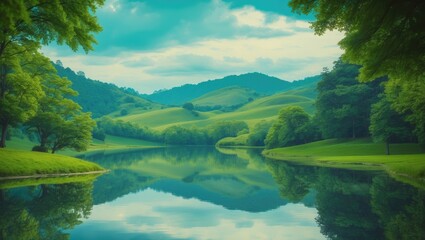 Tranquil mountain lake with lush greenery and misty skies, reflecting a serene landscape ideal for summer outdoor travel and nature exploration.