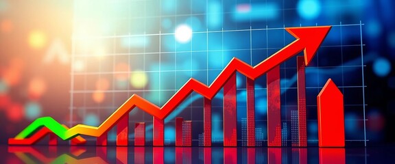 Abstract financial graph with upward and downward green and red arrows, depicting sales fluctuations,  red,  sales