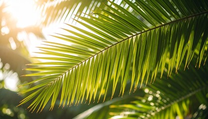 Obraz premium Palm tree leaves close-up with sun flare, detailed texture, backlit by sunlight, natural environment, eco aesthetic