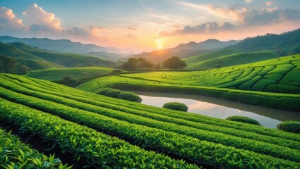 Fototapeta premium Sunset over a green tea plantation on a mountain in China