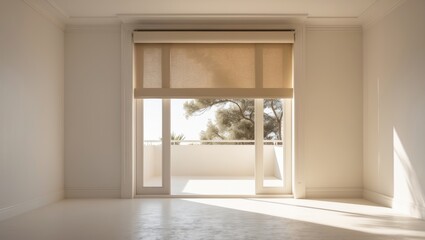 Fototapeta premium Modern interior design showcasing a roller shade partially pulled down over a balcony-facing window, creating a bright and tranquil atmosphere.