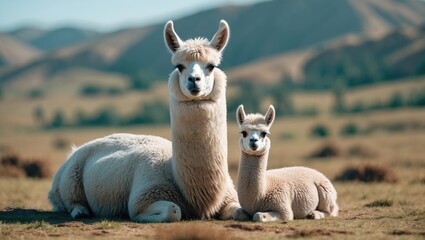 Fototapeta premium Family of llama with baby on the scenic southern Altiplano, Bolivia