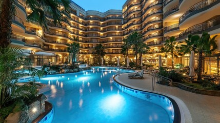 Fototapeta premium Luxury indoor swimming pool area, spacious hotel setting with warm natural lighting and elegant layout