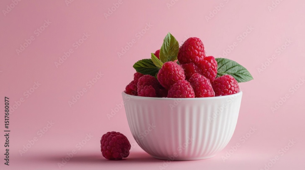 Poster white bowl filled with fresh raspberries. the bowl is placed on a pink background and there is a sin