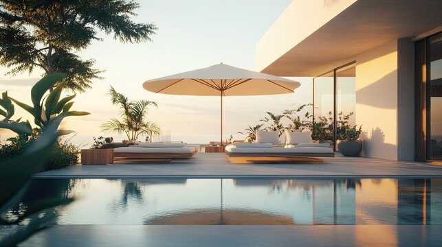 Luxury tropical villa with private pool and oceanview terrace, sunbeds shaded by umbrellas, serene summer vibe