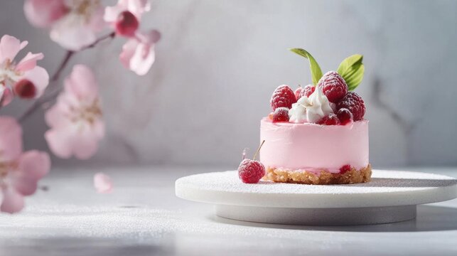 Small pink dessert on a white cake stand. the dessert is topped with fresh raspberries and a dollop of whipped cream. there are also two green leaves on top of the dessert.