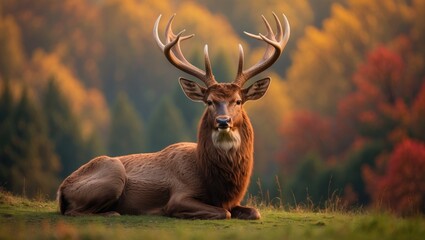 Fototapeta premium Red deer stag relaxing on lush grass at Wollaton Hall and Deer Park, Nottingham, Nottinghamshire, UK