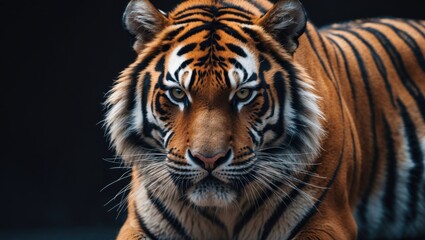 Fototapeta premium Isolated large tiger with striped fur on a black background