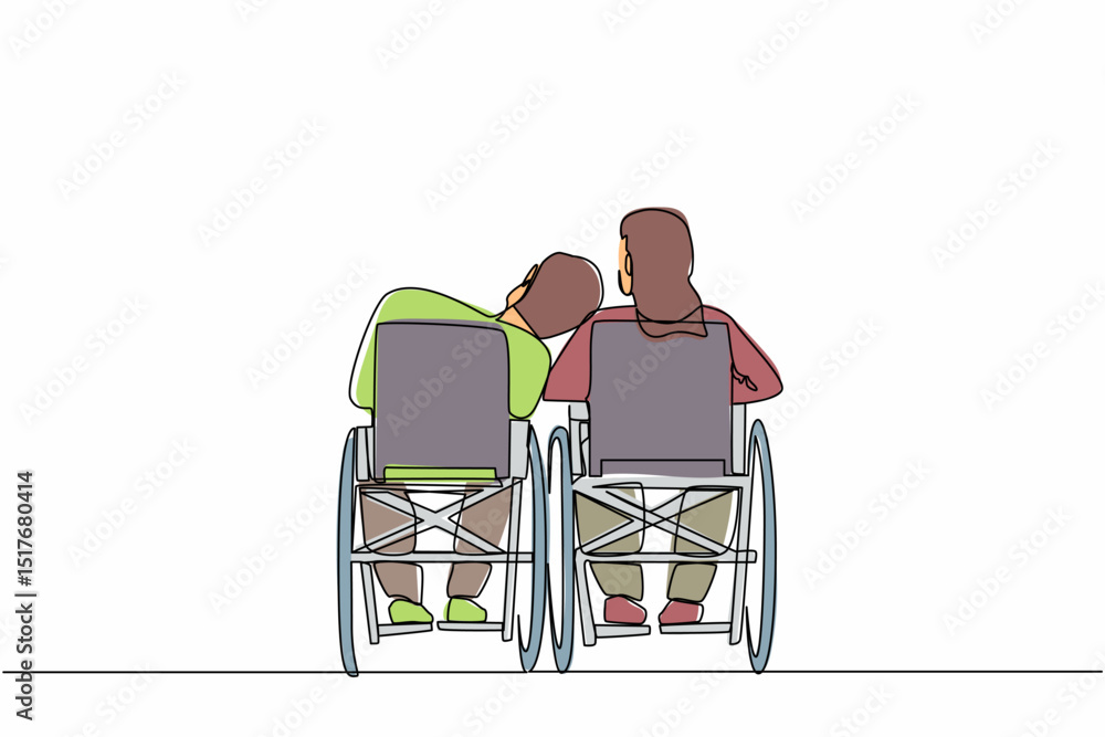 Poster continuous one line drawing back view couple with disabilities sit in wheelchairs talking each other