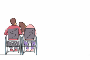 Single one line drawing back view couple with disabilities sit in wheelchairs talking each other. Woman rests her head on man's shoulder. Рeople with disability. Continuous line draw design vector