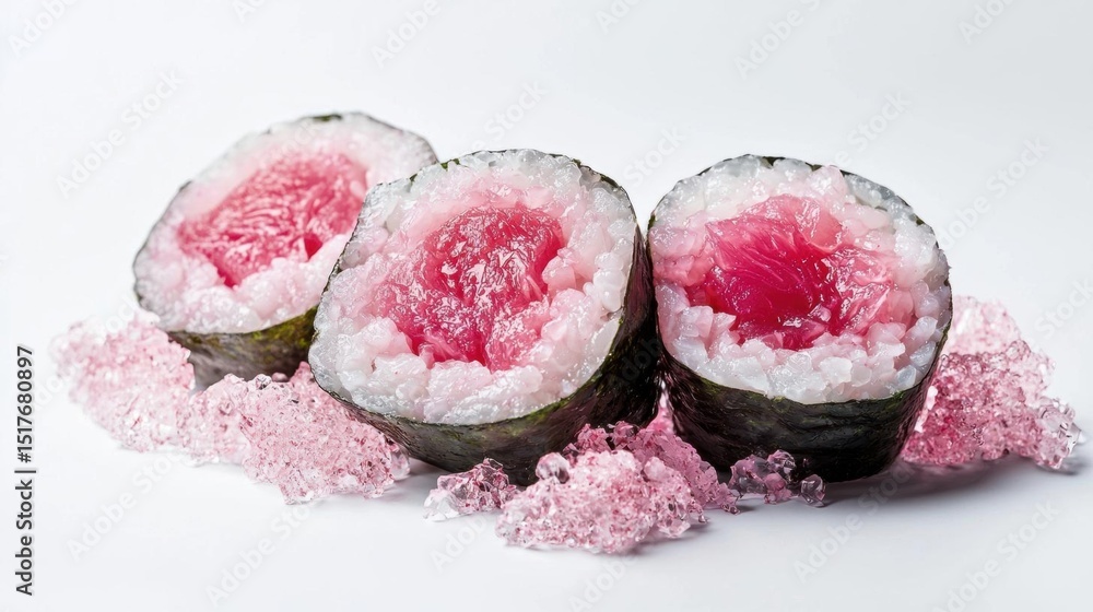 Poster three pieces of sushi rolls on a white background. the sushi rolls are arranged in a triangular form