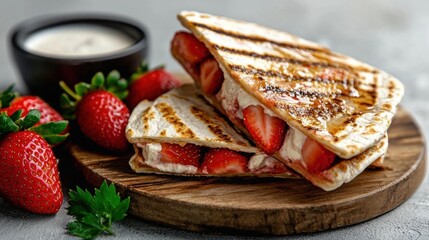 Stack of three quesadillas on a wooden cutting board. the quesads are golden brown and appear to be freshly made.