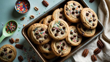 Overhead shot of ice cream sandwiches featuring nuts, caramel, and chocolate chip cookies.
