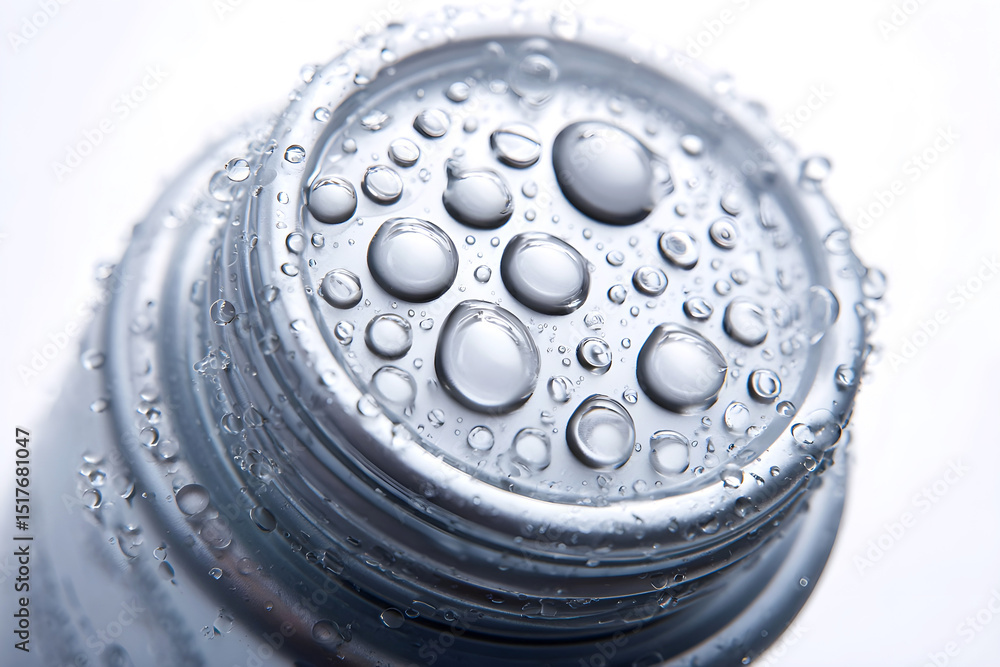 Poster close-up of a metallic bottle cap covered in water droplets, showcasing texture and reflections, emp