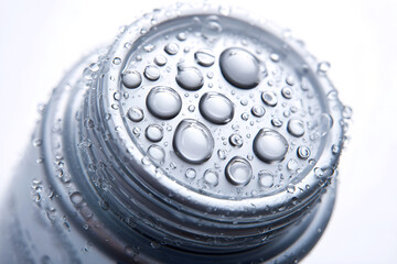 Close-up of a metallic bottle cap covered in water droplets, showcasing texture and reflections, emphasizing freshness and hydration in a minimalistic setting