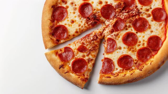 Freshly baked pepperoni pizza with crispy golden crust, featuring melted cheese and savory salami slice against minimalist white background