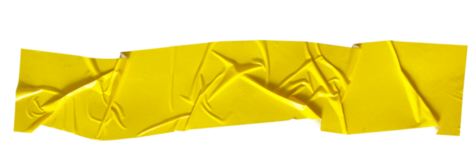 Crumpled torn pieces of yellow packing tape, adhesive sealing tape, sticky torn plastic on transparent background	