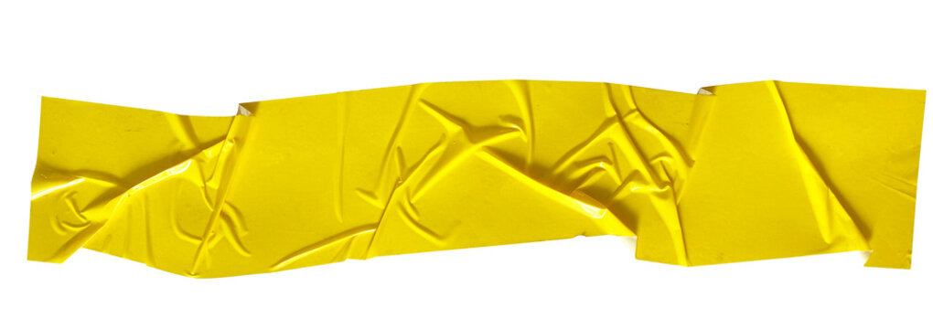 Crumpled torn pieces of yellow packing tape, adhesive sealing tape, sticky torn plastic on transparent background	