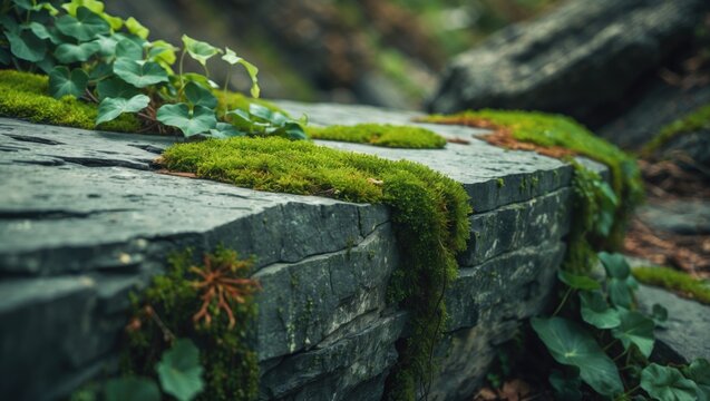 A natural and earthy backdrop featuring a rugged rock face adorned with lush green moss and creeping ivy vines, highlighting organic plant growth and textured stones.