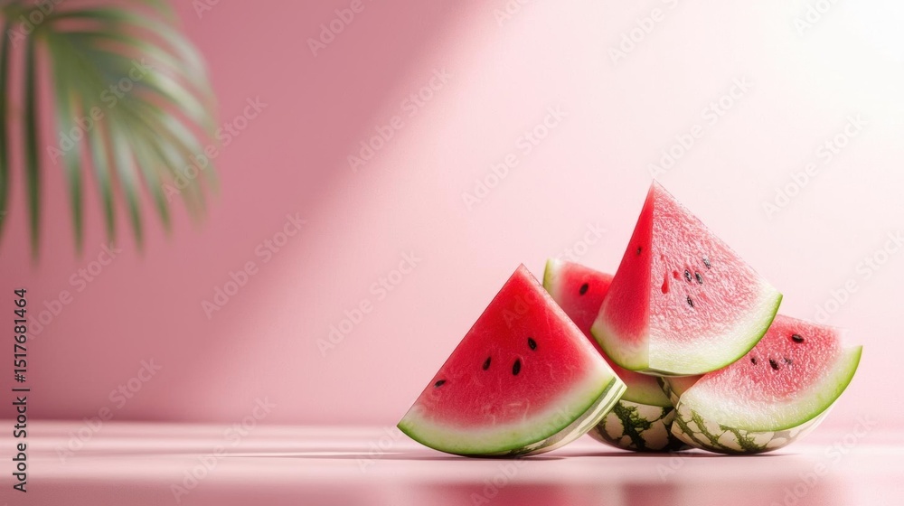 Poster three slices of watermelon on a pink background. the watermelon slices are arranged in a triangular 