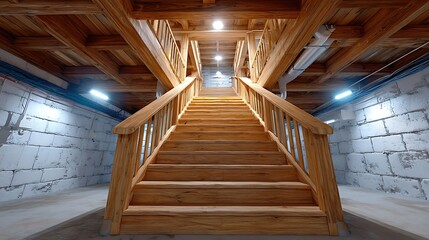 Charming Wooden Staircase Leading Up to Brightly Lit Basement Attic Room Interior View