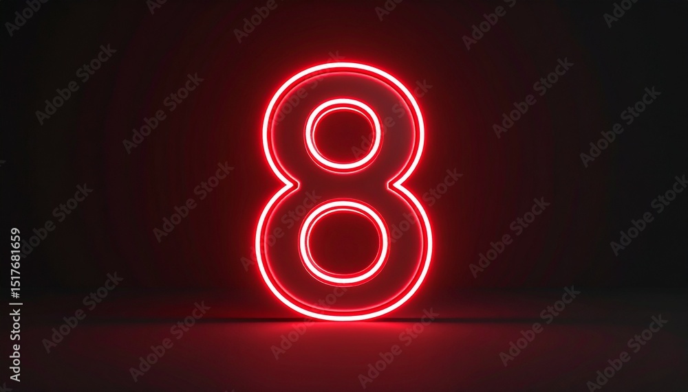Poster 3d rendering of a metallic number 8 with curved red neon lines on a background.