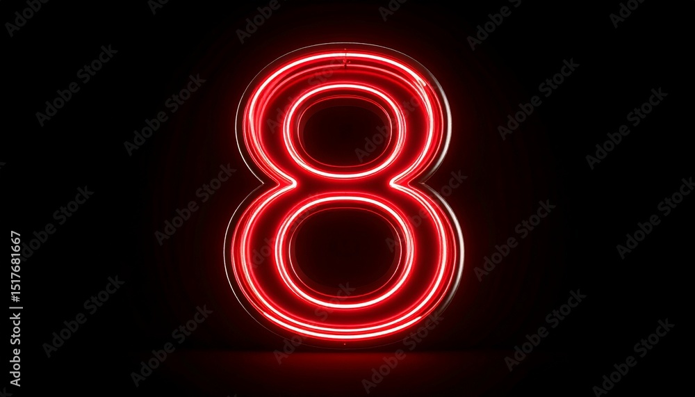 Poster 3d rendering of a metallic number 8 with curved red neon lines on a background.