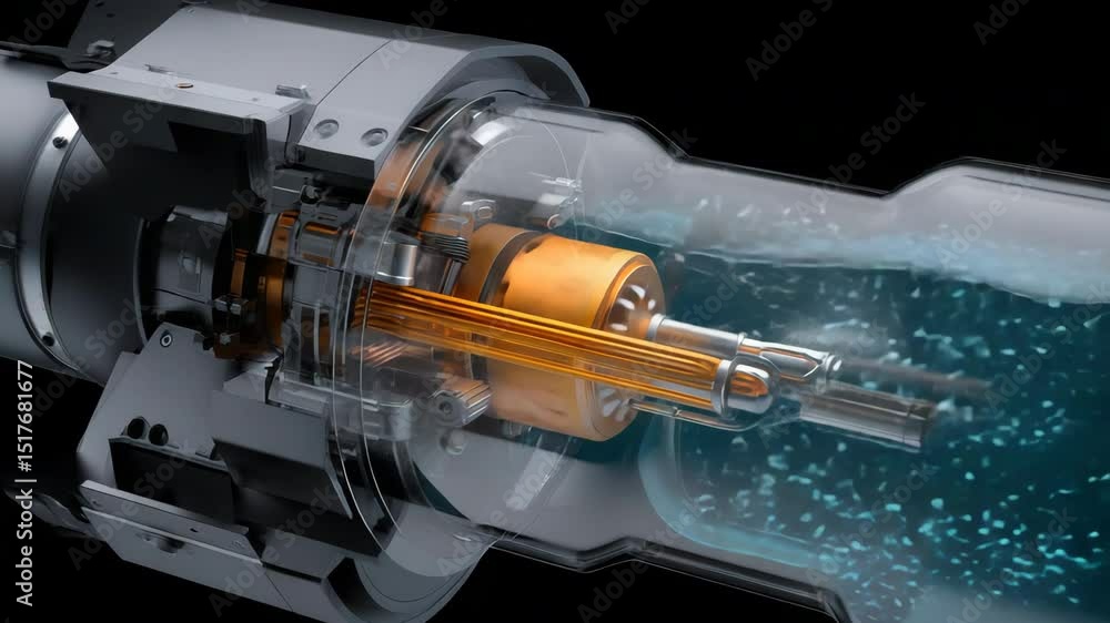 Poster complex machinery operating inside a transparent pipe, showing water flowing and bubbles moving thro
