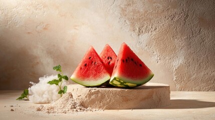 Three slices of watermelon arranged in a triangular formation on a beige-colored stone pedestal. the watermelon slices are cut in half, revealing the juicy red flesh and dark green rind.
