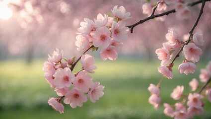 Fototapeta premium Beautiful cherry blossoms drape over a sunlit garden, showcasing the tranquility of springtime with vibrant blooms and lush greenery.