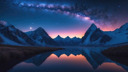 Nighttime landscape of snowy mountains and lake in Nepal under a starry purple sky with the Milky Way and galaxy reflections © AkuAku
