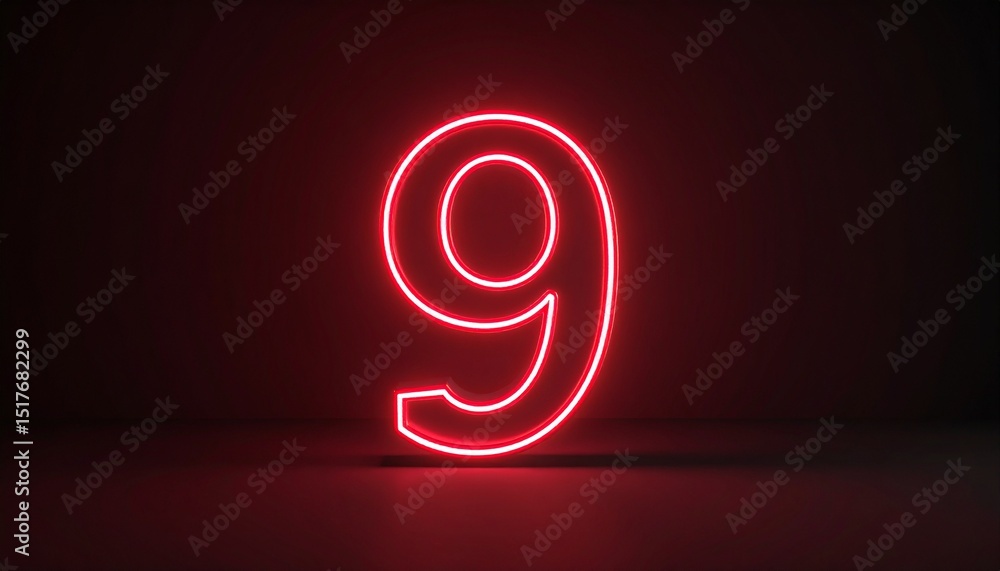 Poster 3d rendering of a metallic number 9 with curved red neon lines on a background.