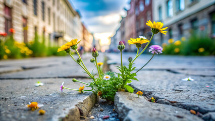 Wildflowers growing between cracks in a city street generative ai